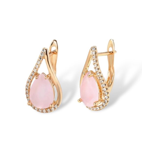 NWT Teardrop Rose Quartz Huggie Earrings 14K Plated CZ Gemstone Feminine Pink - Picture 1 of 10
